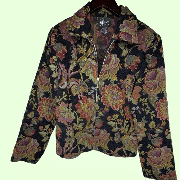 Vintage Jackets & Blazers - Vintage Jacket Womens Size 10 Petite Black Floral Cottage Core Jacquard Tapestry